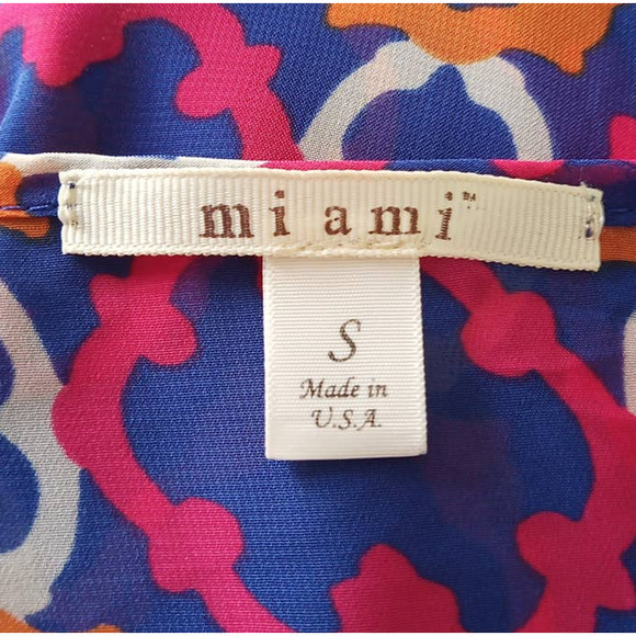 Mi Ami Sheer Blouse Slit Sleeve Size Small Geometric Blue Multicolored - Picture 4 of 4